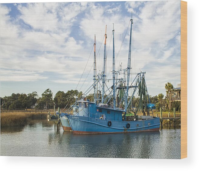 Blue Shrimp Boats Wood Print featuring the photograph Blue Shrimp Boats on Shem Creek by Sandra Anderson