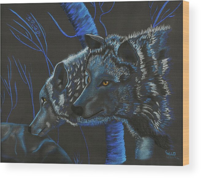 Wolf Photographs Wood Print featuring the drawing Blue Wolves by Mayhem Mediums