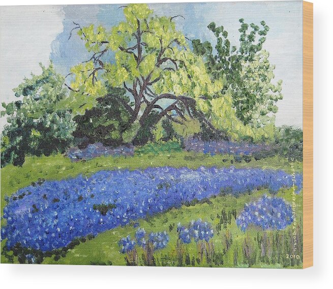 Oil Painting Wood Print featuring the painting Bluebonnets on a Stormy Day by Vera Smith