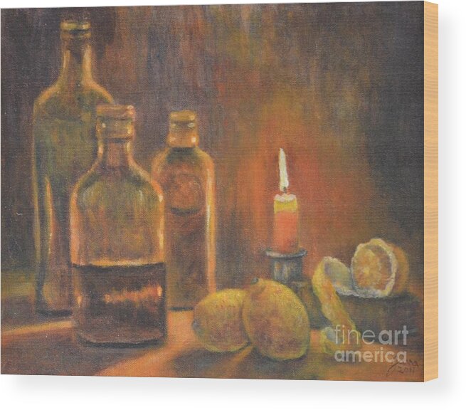 Still Life Wood Print featuring the painting Bottles of Light by Jana Baker