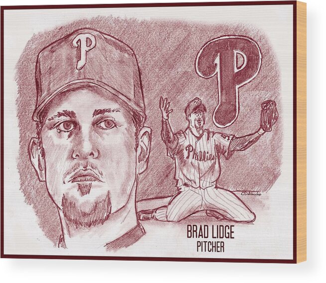 Philadelphia Phillies Wood Print featuring the drawing Brad Lidge by Chris DelVecchio