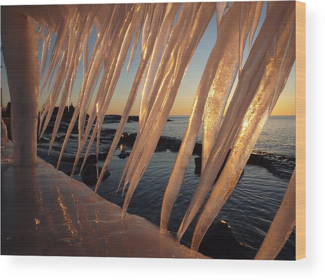 Nature Breakwater Breakwaters Break Wall Walls Sunrise Sunrises Abstract Icicle Icicles Formation Formations Freeze Freezing Frozen Reflection Reflections Grand Marais Artist's Point Artist Artists Windblown Unique Crazy Awesome Wild Landscape Landscapes Seascape Seascapes Pink Silhouette Silhouettes Glitter Glittery Reflective Sparkle Sparkly Sparkling Icy Cold In Winter Weather Wintertime Season Seasonal Glow Glowing Light Daybreak Shining Harbor Harbors North Shore Lake Superior Great Lakes Wood Print featuring the photograph Break Wall Winter Sunrise by James Peterson