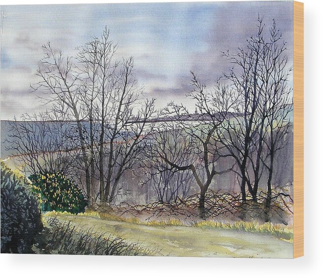 Glenn Marshall Wood Print featuring the painting Bridlington Bay from Dane's Dyke by Glenn Marshall