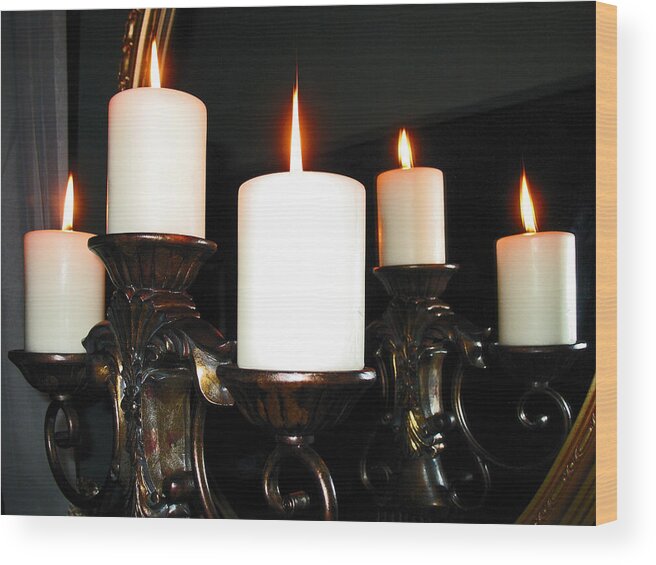 Burning Candles Wood Print featuring the photograph Burning Candles and Reflections by Connie Fox