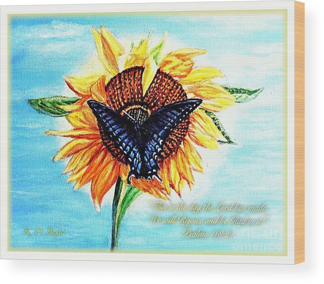 Bright Illuminated Sunflower Billowing In The Sun Blue Butterfly Lighting On Or Flying Sunflower Acrylic Painting Wood Print featuring the painting Butterfly Sunday A Day to Rejoice In by Kimberlee Baxter
