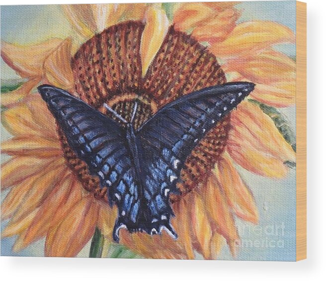 Nature Paintings Butterfly Paintings Sunflower Paintings Black And Blue Monarch Sucking Nectar From A Yellow Orange Sunflower Blue Background Wood Print featuring the painting Butterfly Sunday Up-close by Kimberlee Baxter