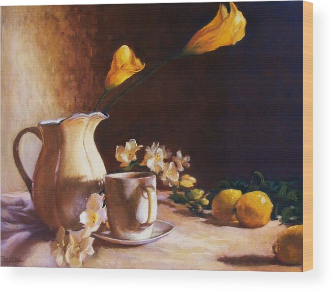 Still Life Wood Print featuring the pastel Cala lily and lemon by Celine K Yong
