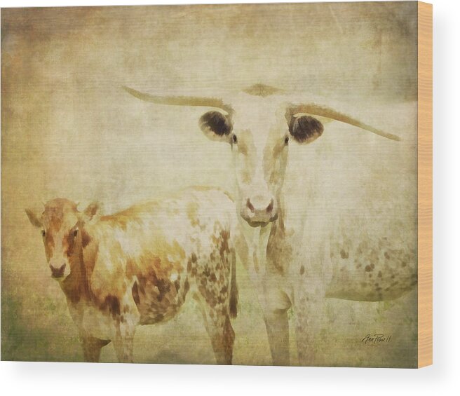 Calf Wood Print featuring the photograph Calf and Cow vintage style by Ann Powell