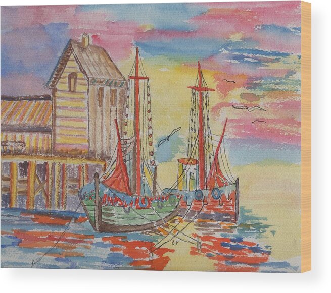 Calif.ocean Wood Print featuring the painting Cannery row by Connie Valasco