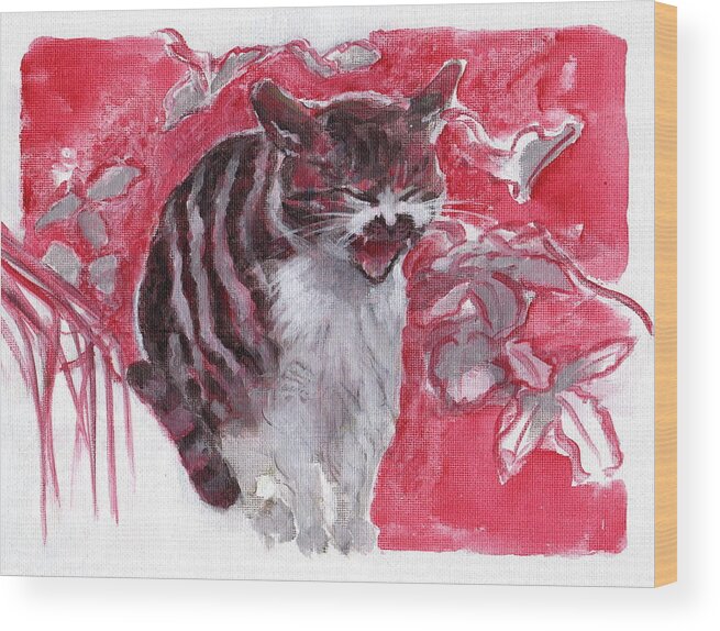 Cat Wood Print featuring the painting Cat Complains by Kazumi Whitemoon