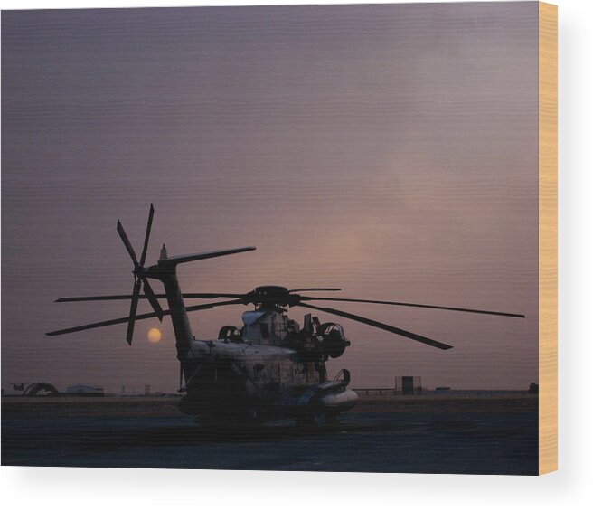 Afghanistan Wood Print featuring the photograph CH-53 at sunset in Afghanistan by Jetson Nguyen
