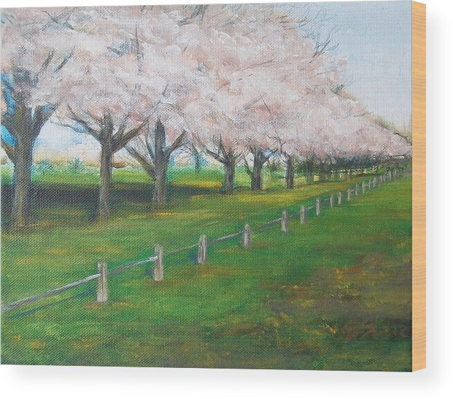Landscape Wood Print featuring the painting Cherry Blossom Christchurch by Jane See