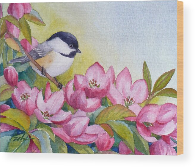 Bird Wood Print featuring the painting Chickadee and Crabapple Flowers by Janet Zeh