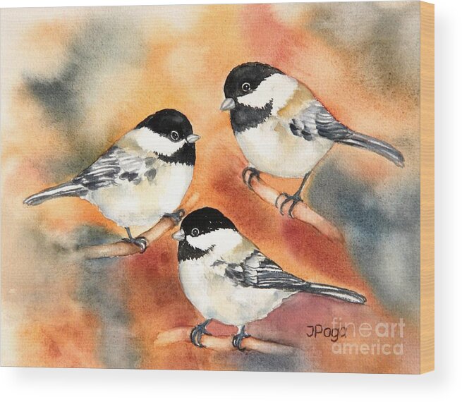 Bird Art Wood Print featuring the painting Chickadees Trio by Inese Poga