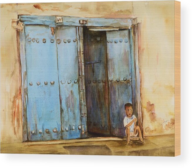 Doorway Wood Print featuring the painting Child sitting in old Zanzibar doorway by Sher Nasser