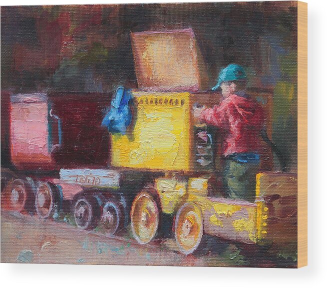 Impressionist Wood Print featuring the painting Child's Play - gold mine train by Talya Johnson