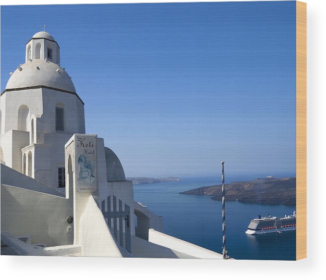 Santorini Wood Print featuring the photograph Church watching over the ships by Brenda Kean