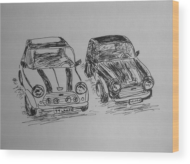 Mini Wood Print featuring the drawing Classic Minis by Victoria Lakes
