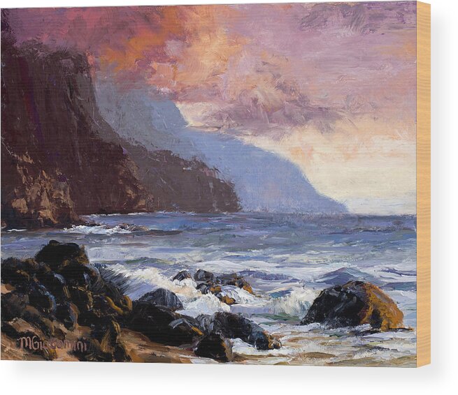 Ocean Wood Print featuring the painting Coastal Cliffs Beckoning by Mary Giacomini