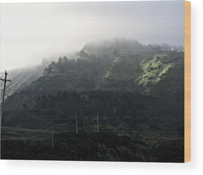 Fog. Hills Wood Print featuring the photograph Coastal Fog and Power Poles by Elery Oxford