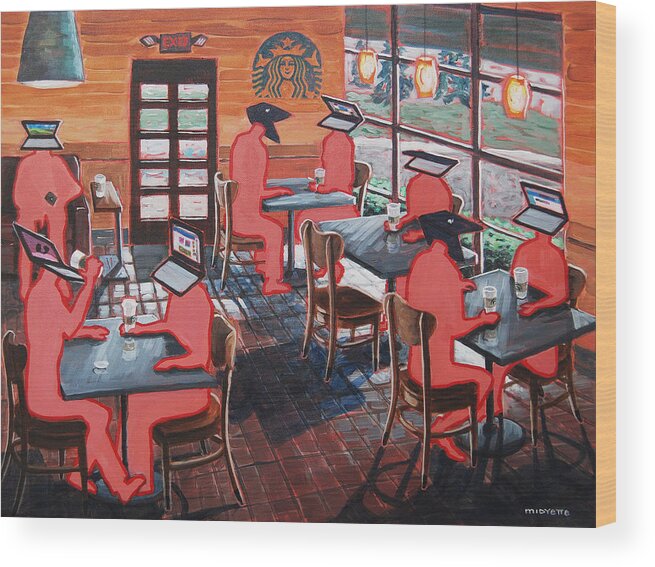 Starbucks Wood Print featuring the painting Coffee shop Culture by Tommy Midyette