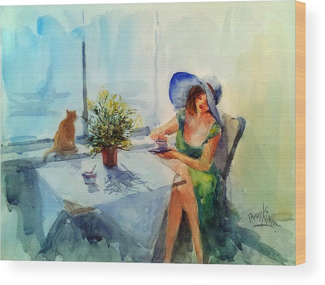 Woman Wood Print featuring the painting Coffee Time with Mimosas by Faruk Koksal