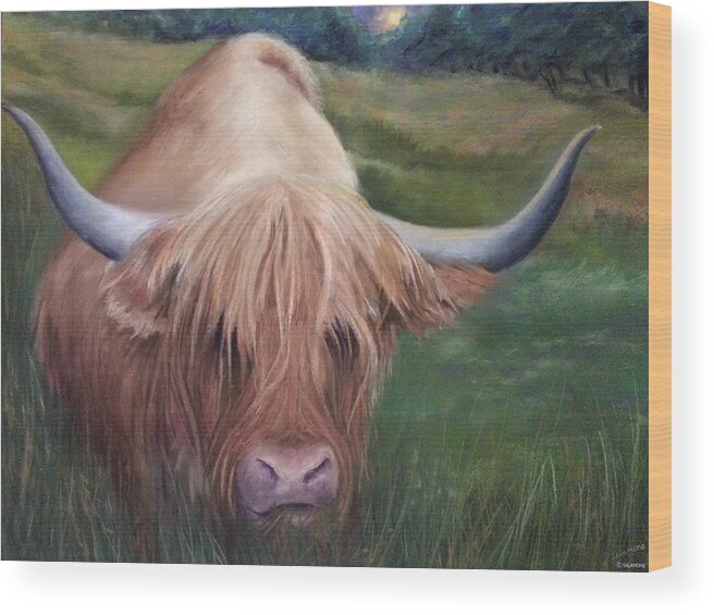 Scotland Scottish Highland Coo Cow Red Hairy Horns Moo Shaggy Meadow Natural Animal Wood Print featuring the pastel Coo by Brenda Salamone
