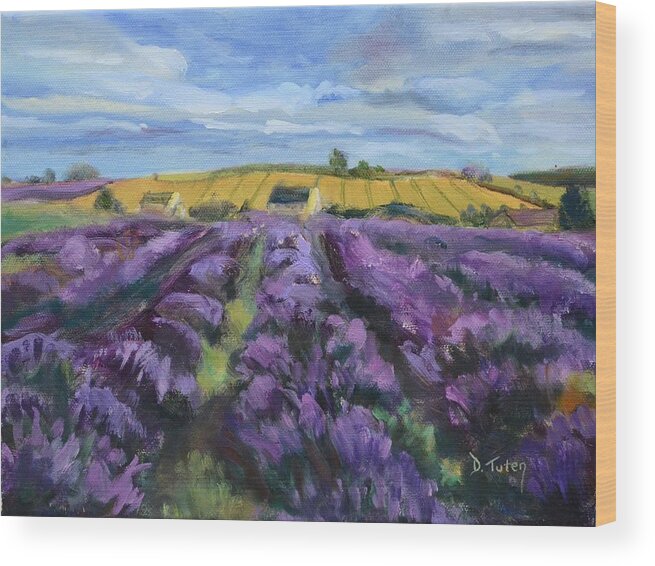 Lavender Wood Print featuring the painting Cotswold Lavender Fields by Donna Tuten