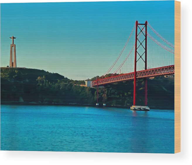 Lisbon Wood Print featuring the photograph Cristo Rei and the 25 de Abril Bridge by Mitchell R Grosky