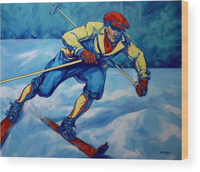 Blue Wood Print featuring the painting Cross Country Skier by Derrick Higgins