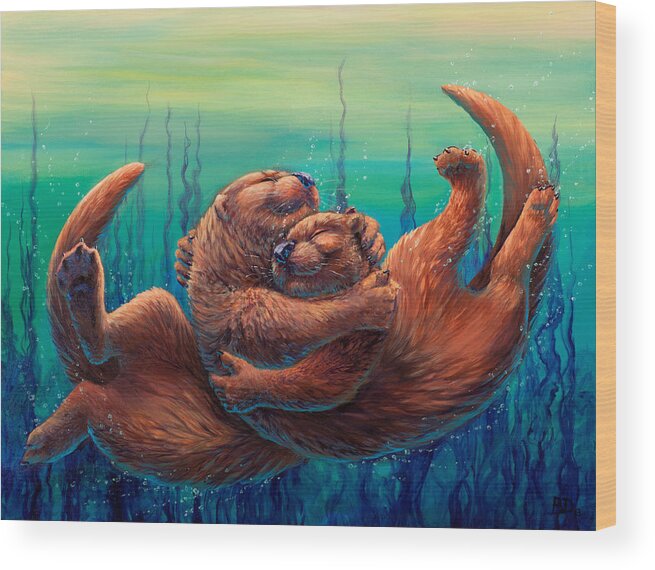 Otter Wood Print featuring the painting Cuddles and Bubbles by Beth Davies