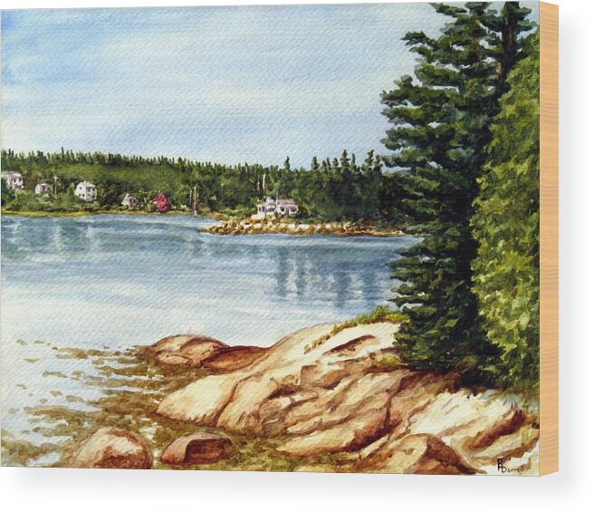 Watercolor;maine;island;coast;rocky Wood Print featuring the digital art Darrell Point On Spruce Head Island by Ric Darrell