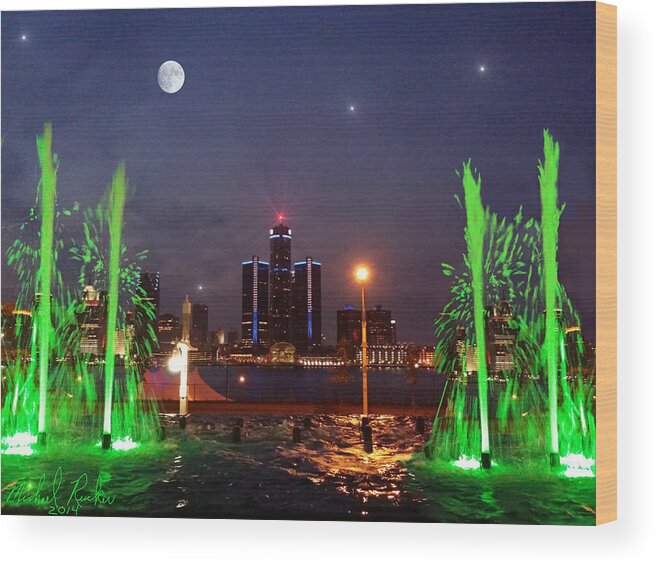 Detroit Wood Print featuring the photograph Detroit Skyline at Night by Michael Rucker