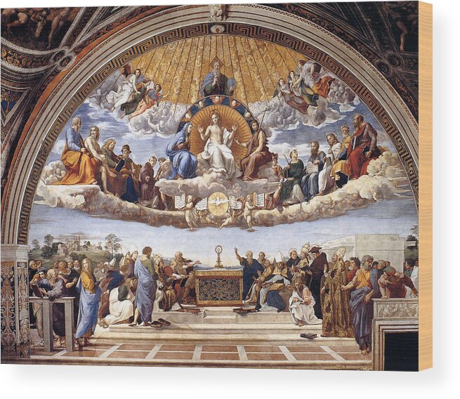 Vatican Wood Print featuring the painting Disputation of the Eucharist by Raphael