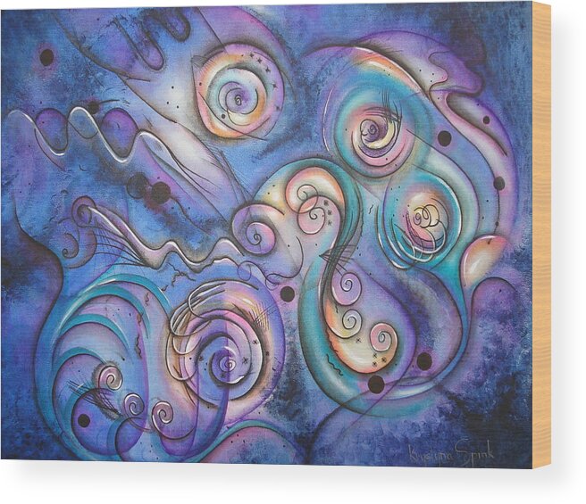Abstract Dots Circles Wavy Lines Curves Balls Rainbow Purple Blue Black Orange Yellow White Pink Green Fantasy Explosive Expressive Curls Shades Shadows Lights Dark Movement Fly Deep Blue Wood Print featuring the painting Distant Echoes by Krystyna Spink