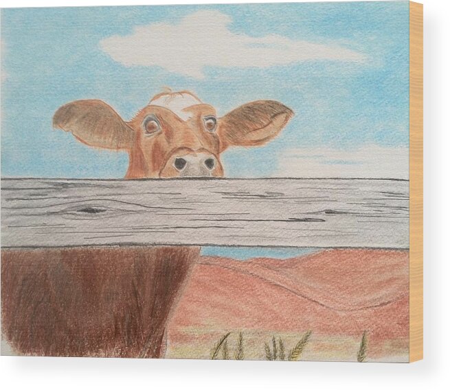 Cow Wood Print featuring the drawing Don't fence me in by Tony Clark