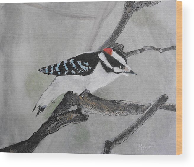 Nature Wood Print featuring the painting Downy Woodpecker by Susan Bruner