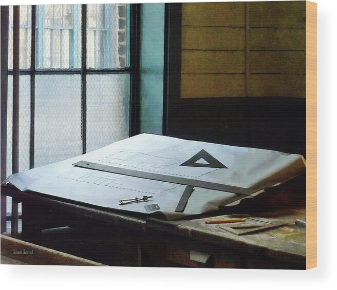 Drafting Wood Print featuring the photograph Drafting - Triangle Ruler and Compass by Susan Savad