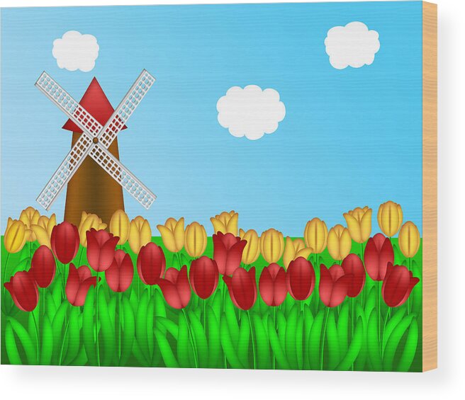 Tulips Wood Print featuring the digital art Dutch Windmill in Tulips Field Farm Illustration by Jit Lim