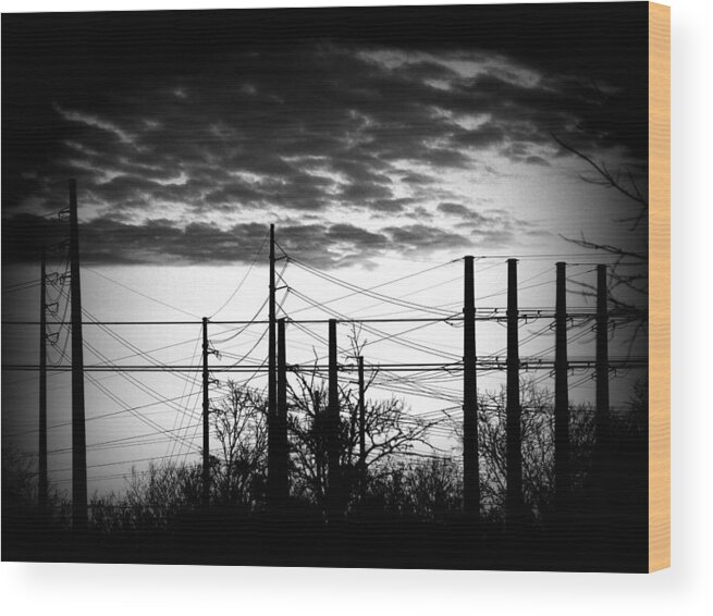 Power Lines Wood Print featuring the photograph Electric Sunset Two black and white by James Granberry