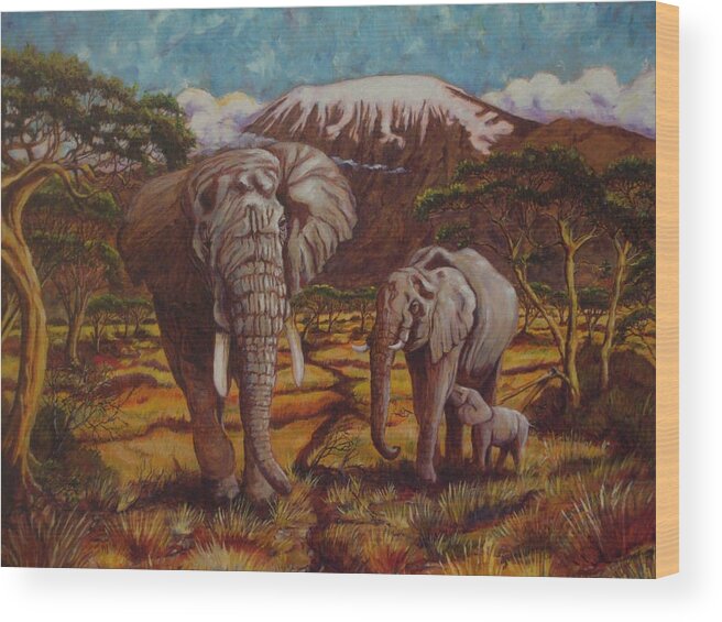Elephants Wood Print featuring the painting Elephants and Kilimanjaro by Paris Wyatt Llanso