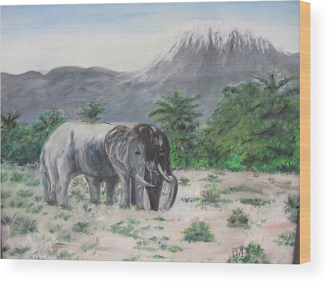 Landscape With Elephants And A View Of Mr. Kilimanjaro. Wood Print featuring the painting Elephants strolling with view of Mt. Kilimanjaro by Lucille Valentino