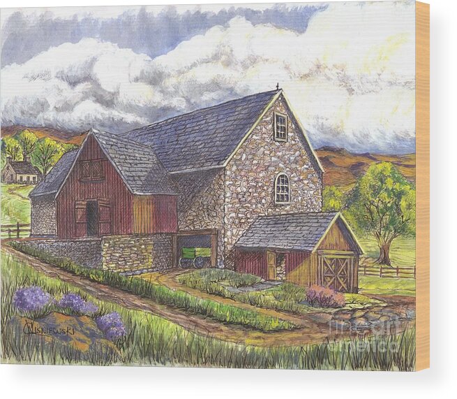 Stone Wood Print featuring the drawing A Scottish Farm by Carol Wisniewski