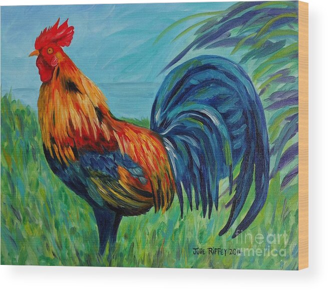 Rooster Wood Print featuring the painting Fancy Feathers by Julie Brugh Riffey