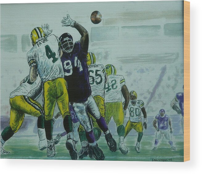 Packers Wood Print featuring the painting Favre vs the Vikes by Dan Wagner