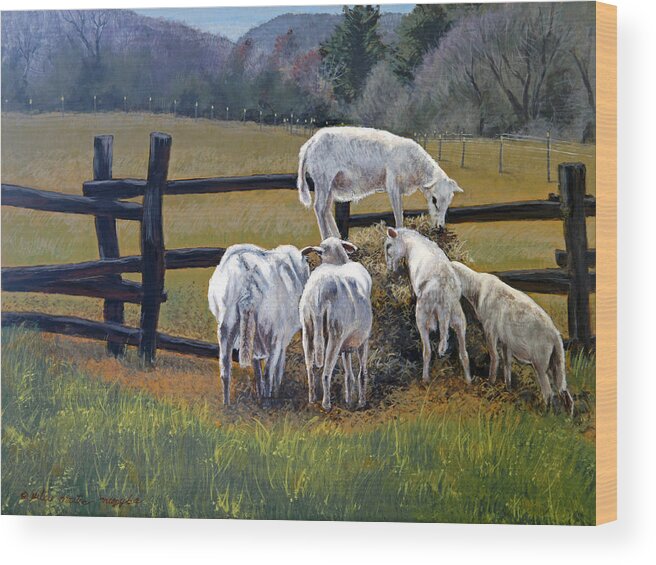 Sheep Wood Print featuring the painting Feeding Frenzy by Peter Muzyka