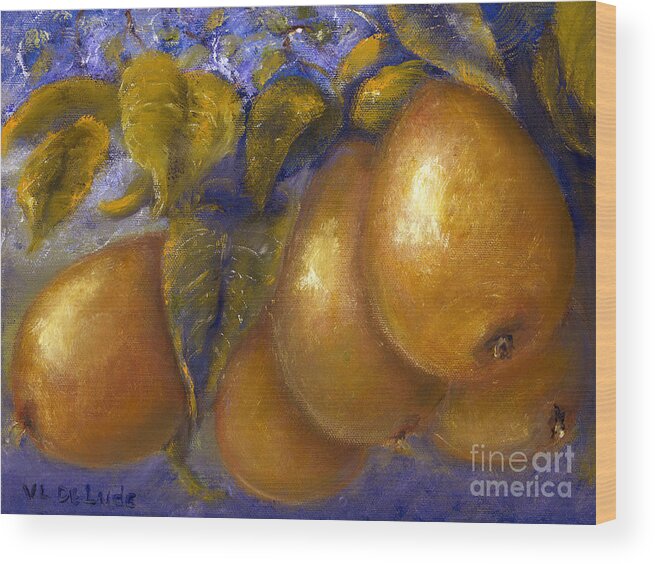 Pears Wood Print featuring the painting Fine Art Golden Pears with Blue and Green by Lenora De Lude