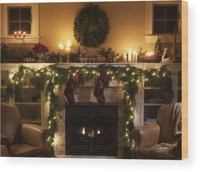 Christmas Lights Wood Print featuring the photograph Fireplace with Christmas decoration by Ryan McVay