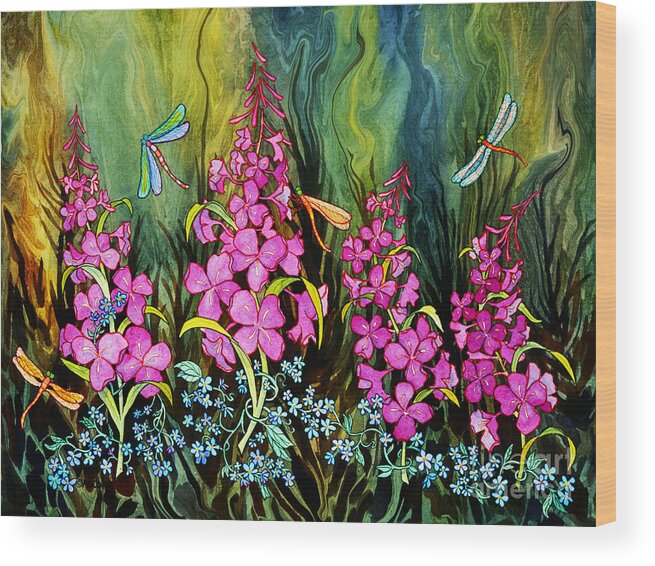 Fireweed And Dragonflies Wood Print featuring the painting Fireweed and Dragonflies by Teresa Ascone