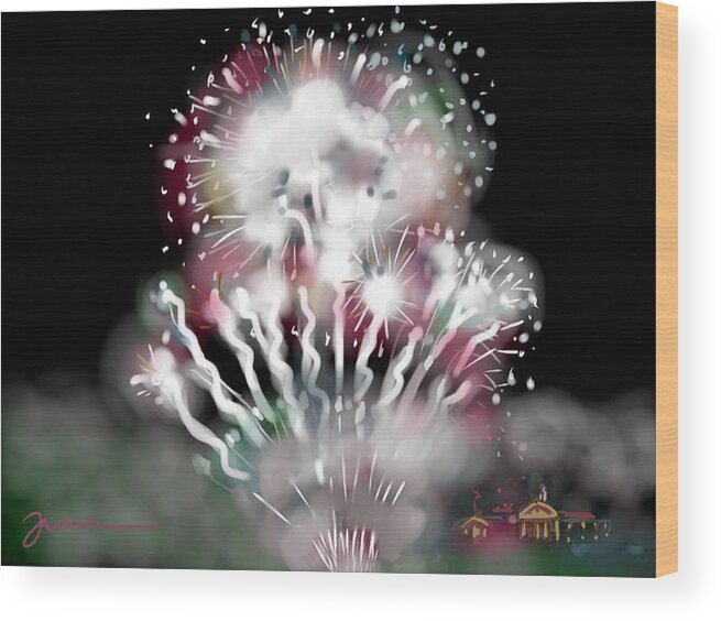 Fireworks Wood Print featuring the painting Fireworks On High School Hill by Jean Pacheco Ravinski